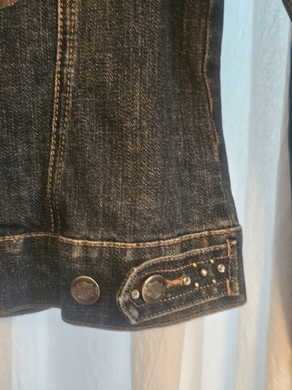 Harley Davidson Womens M Rhinestone Studded Denim Jacket Bling Wings - Picture 11 of 12
